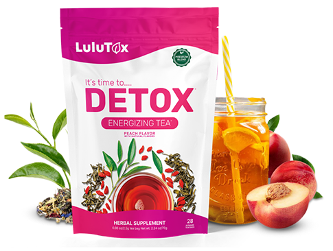 Lulutox Tea bottle, peach flavored herbal detox tea